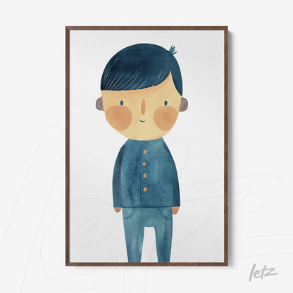 framed wall art featuring a children's illustration of a boy with blue hair in a dark wood frame