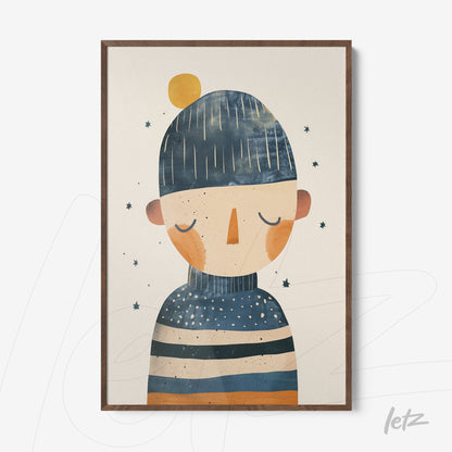 framed artwork featuring a minimalist illustration of a figure wearing a blue hat, created in shades of blue, orange, and beige with stars in the background