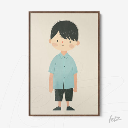 framed illustration of a smiling boy wearing a blue shirt and dark pants with a dark wooden frame
