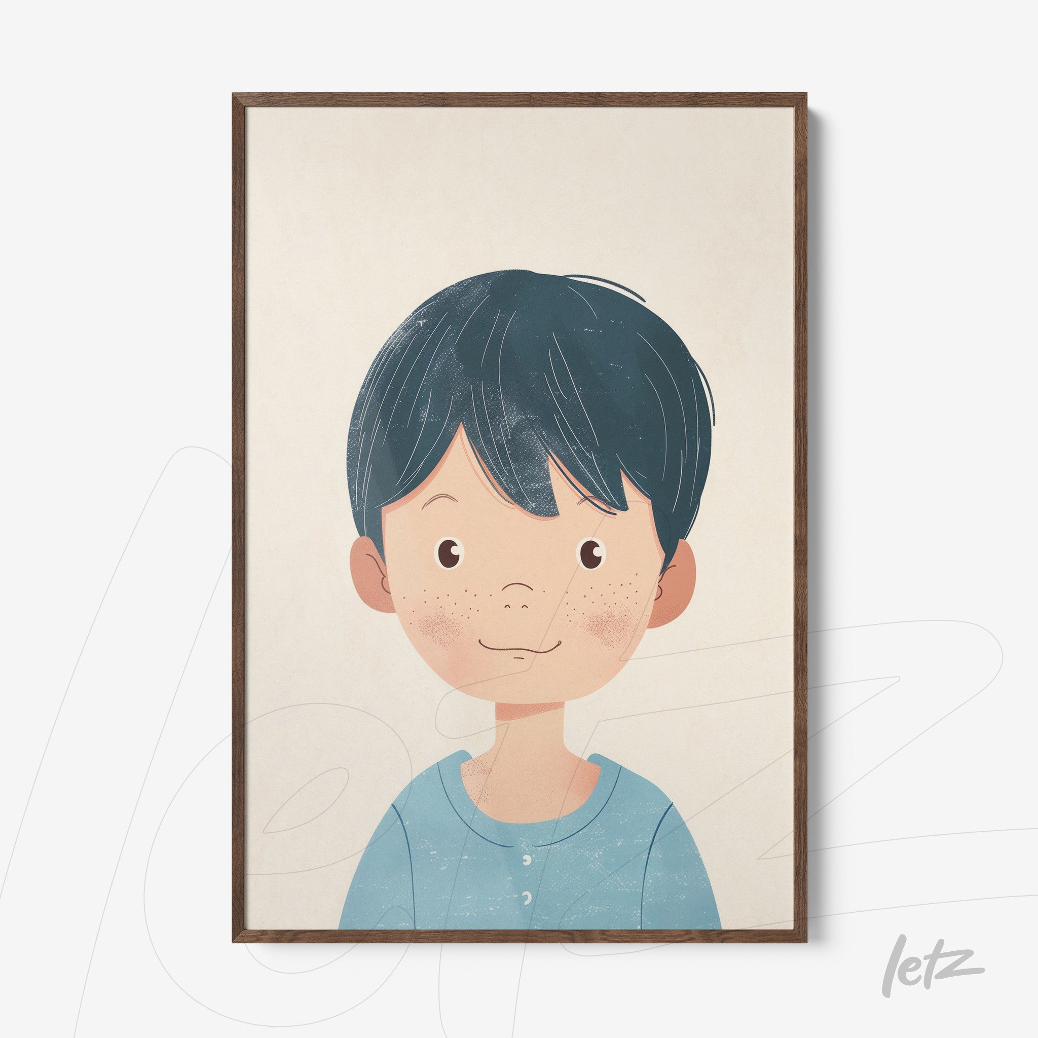 framed art featuring a portrait of a boy with short dark hair and a light wood frame