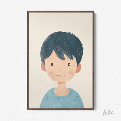framed art featuring a portrait of a boy with short dark hair and a light wood frame