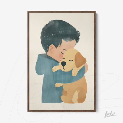 canvas print featuring an illustration of a boy hugging a dog in a dark wooden frame