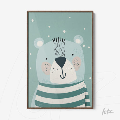 framed art featuring a cute bear illustration against a blue background with snowflakes and a dark wood frame