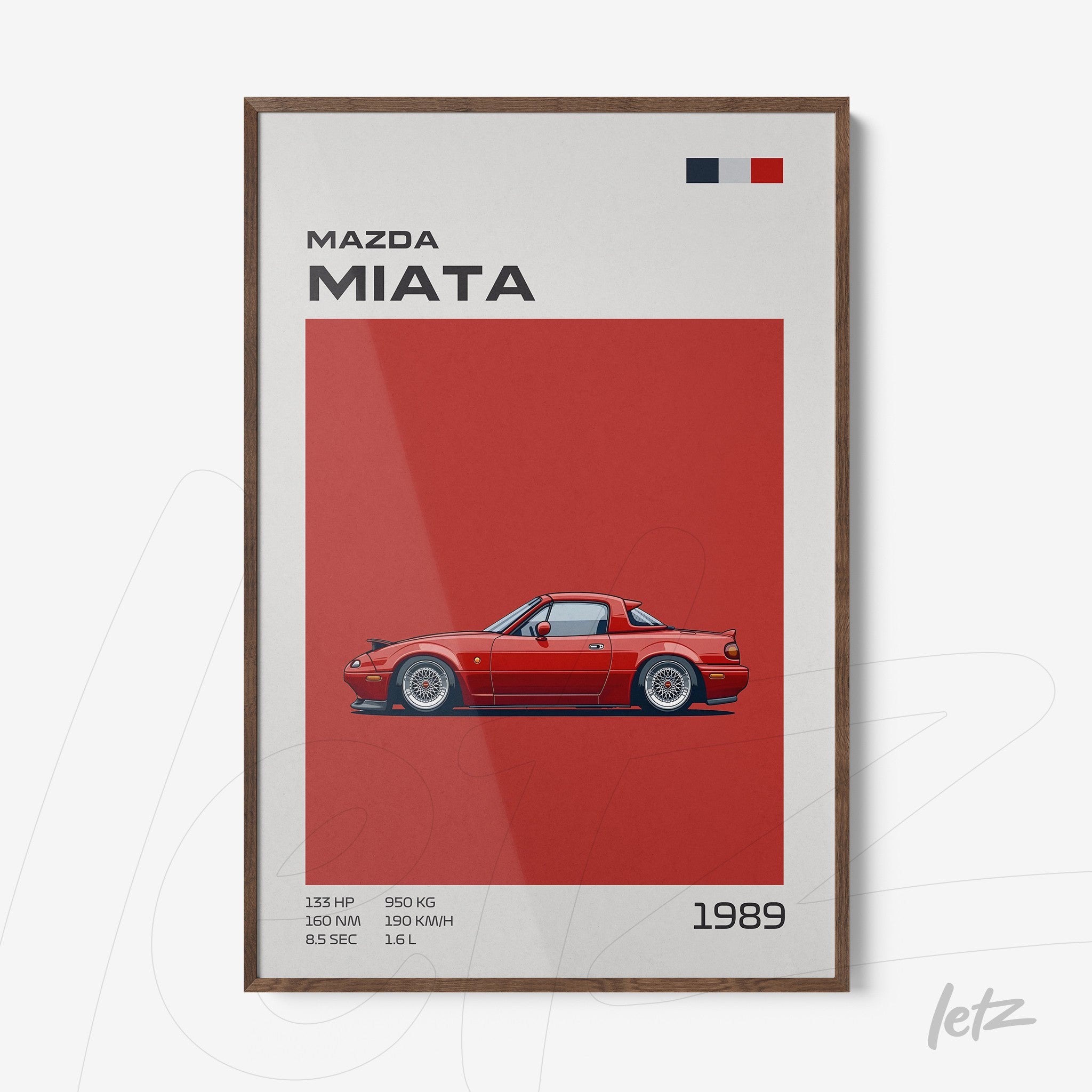framed artwork featuring a red Mazda Miata car illustration with a brown frame, solid red background including details of the 1989 model