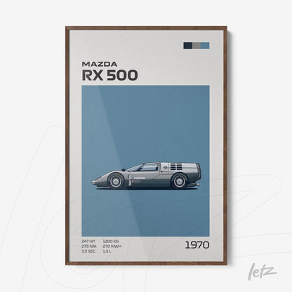 framed wall art featuring an illustration of Mazda RX 500 car with dark wood frame and blue background