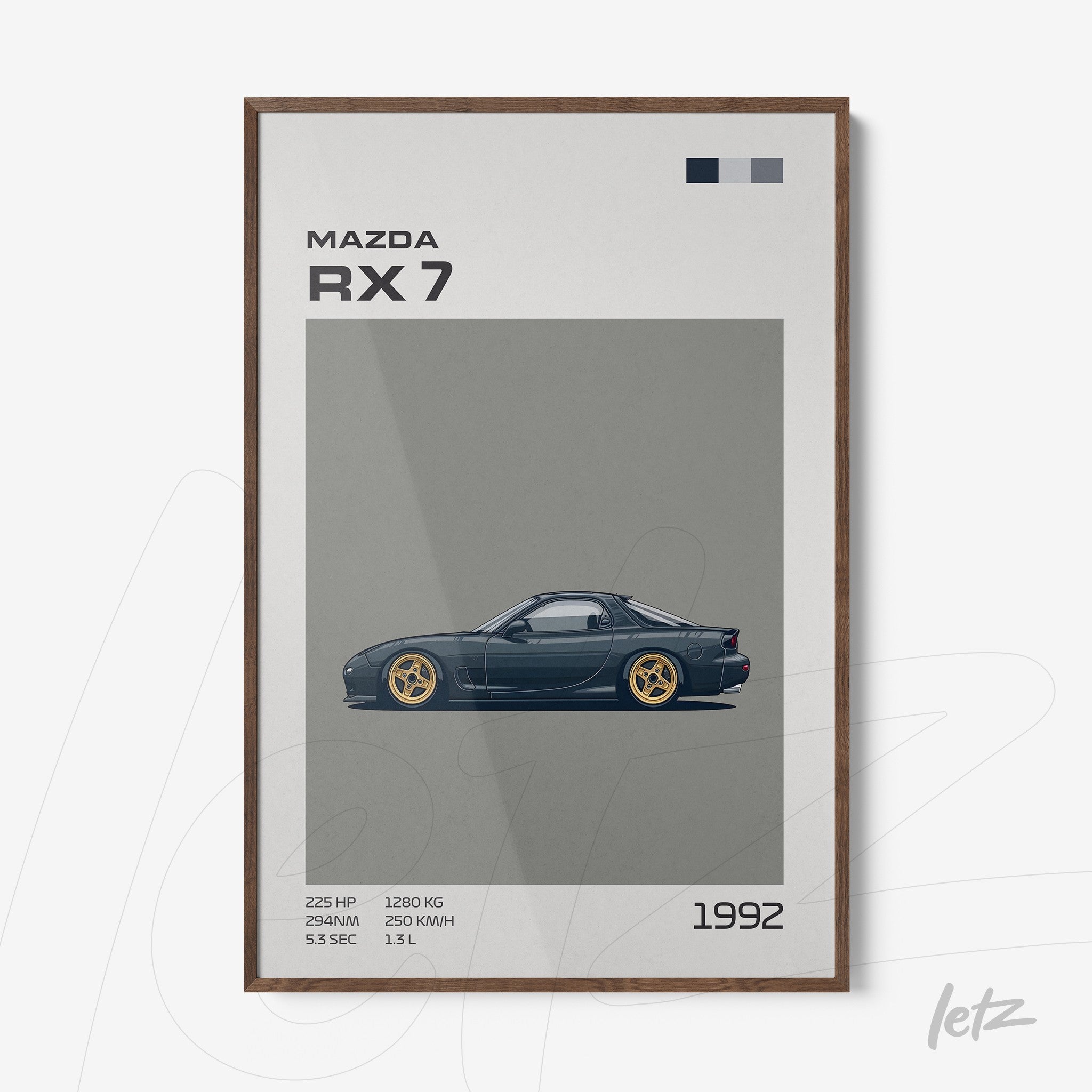 framed artwork featuring a 1992 Mazda RX 7 illustration in dark wood frame with gray background and graphic elements alongside