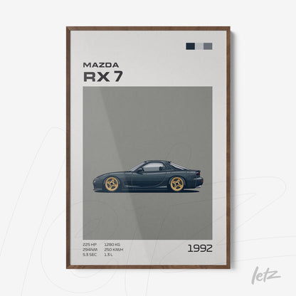 framed artwork featuring a 1992 Mazda RX 7 illustration in dark wood frame with gray background and graphic elements alongside