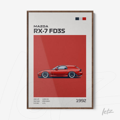 framed wall art featuring a digital illustration of the Mazda RX-7 FD3S with a red background
