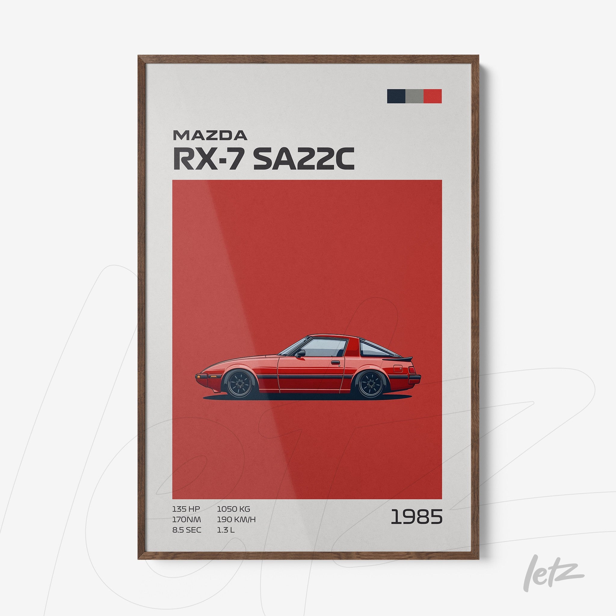framed minimalist art featuring a red Mazda RX-7 SA22C on a red background with dark wooden frame