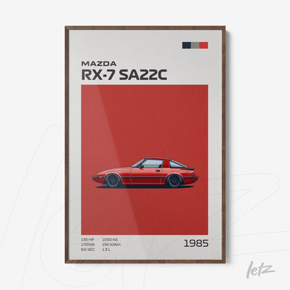 framed minimalist art featuring a red Mazda RX-7 SA22C on a red background with dark wooden frame
