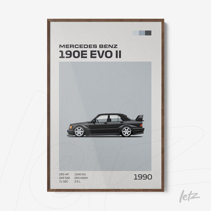 framed artwork featuring the Mercedes Benz 190E EVO II car in a light brown frame