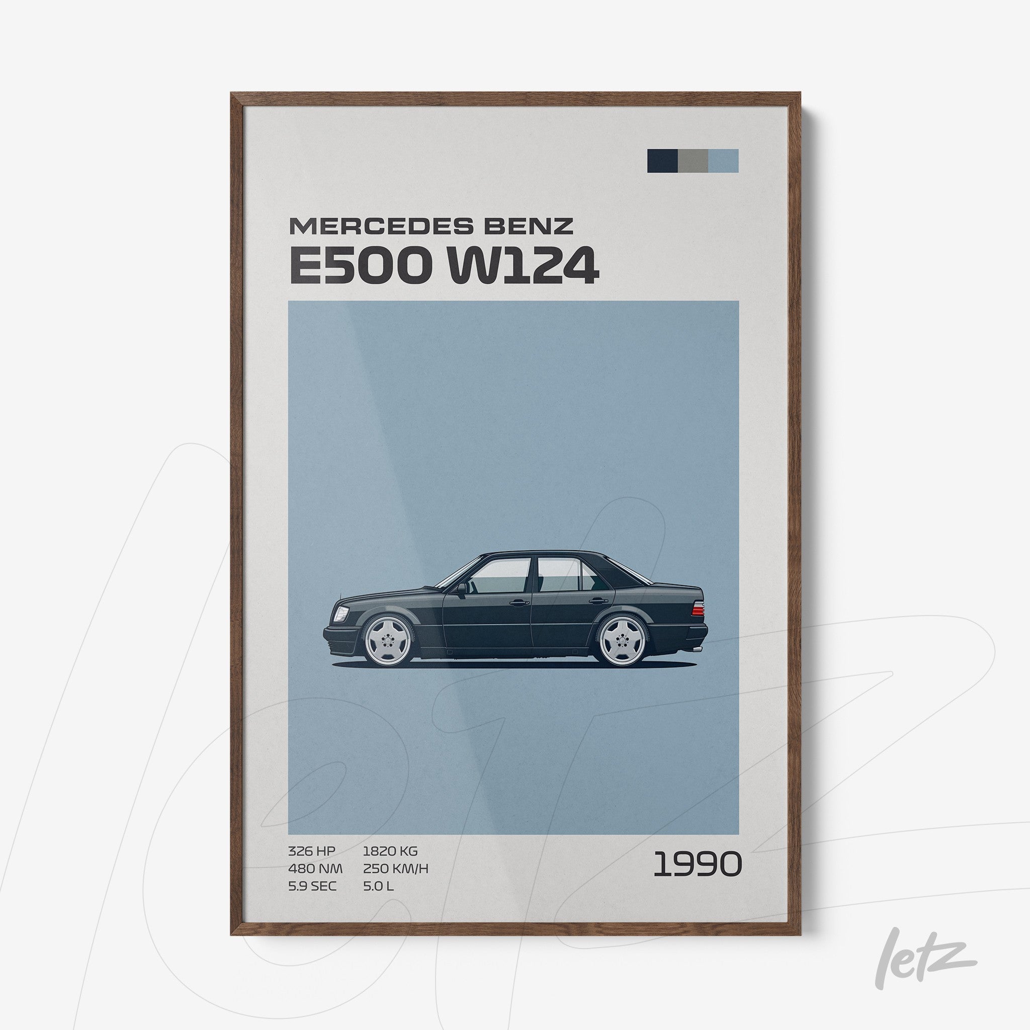 minimalist style framed art depicting the Mercedes Benz E500 W124 on a light blue background with dark wood frame