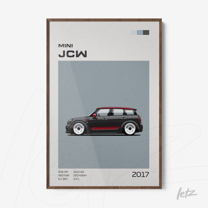 digital wall art of the 2017 Mini JCW car in gray background featuring black and red details with a dark wood frame