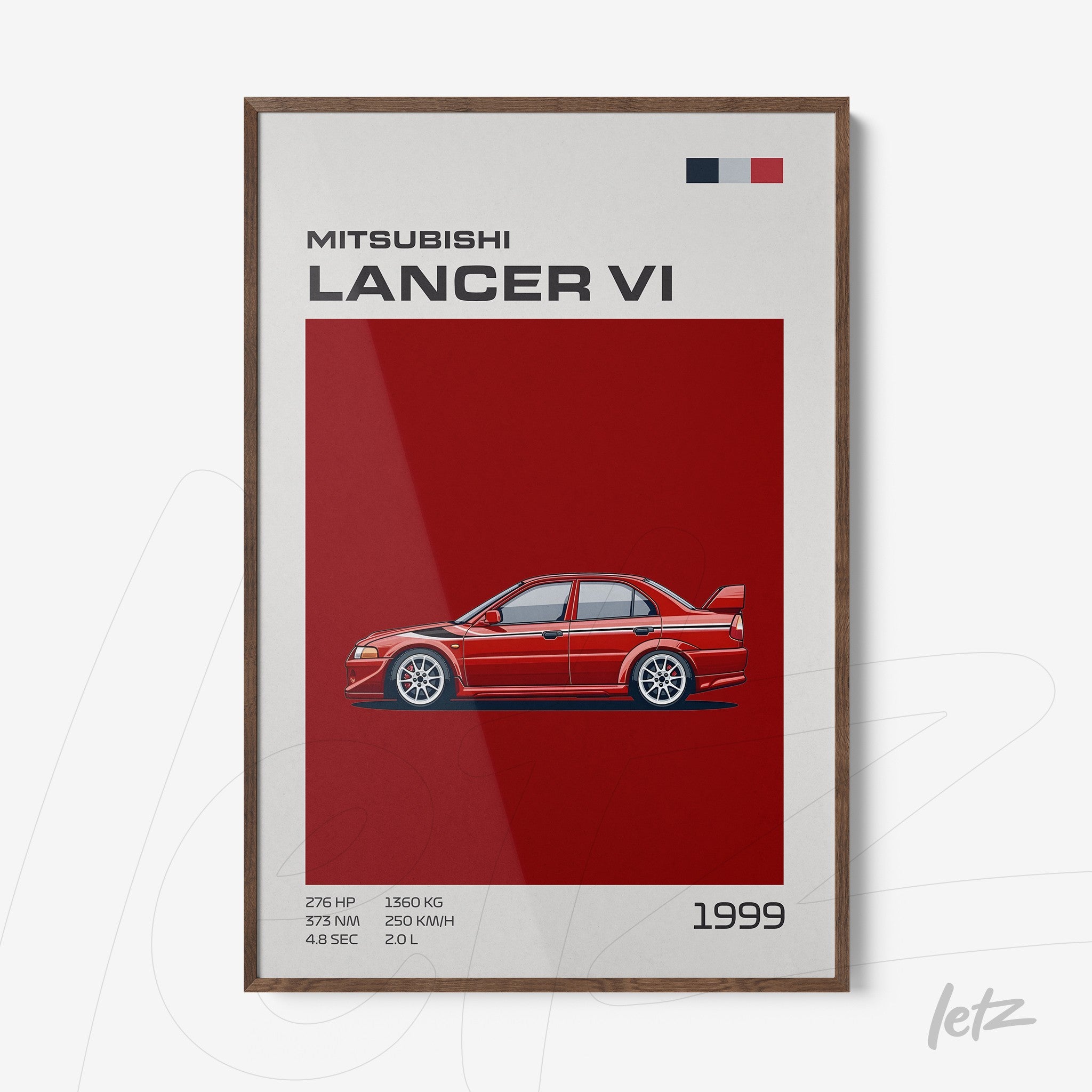 wall art featuring digital illustration of Mitsubishi Lancer VI on red background with dark wood frame