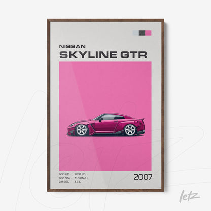 framed wall art featuring a minimalist illustration of the Nissan Skyline GTR with a vibrant pink background and dark wood frame