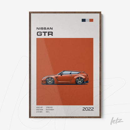 framed digital art of Nissan GTR car in orange background with dark wood frame