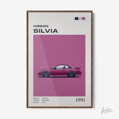 framed illustration of 1991 Nissan Silvia on pink background with gray accents and dark wood frame