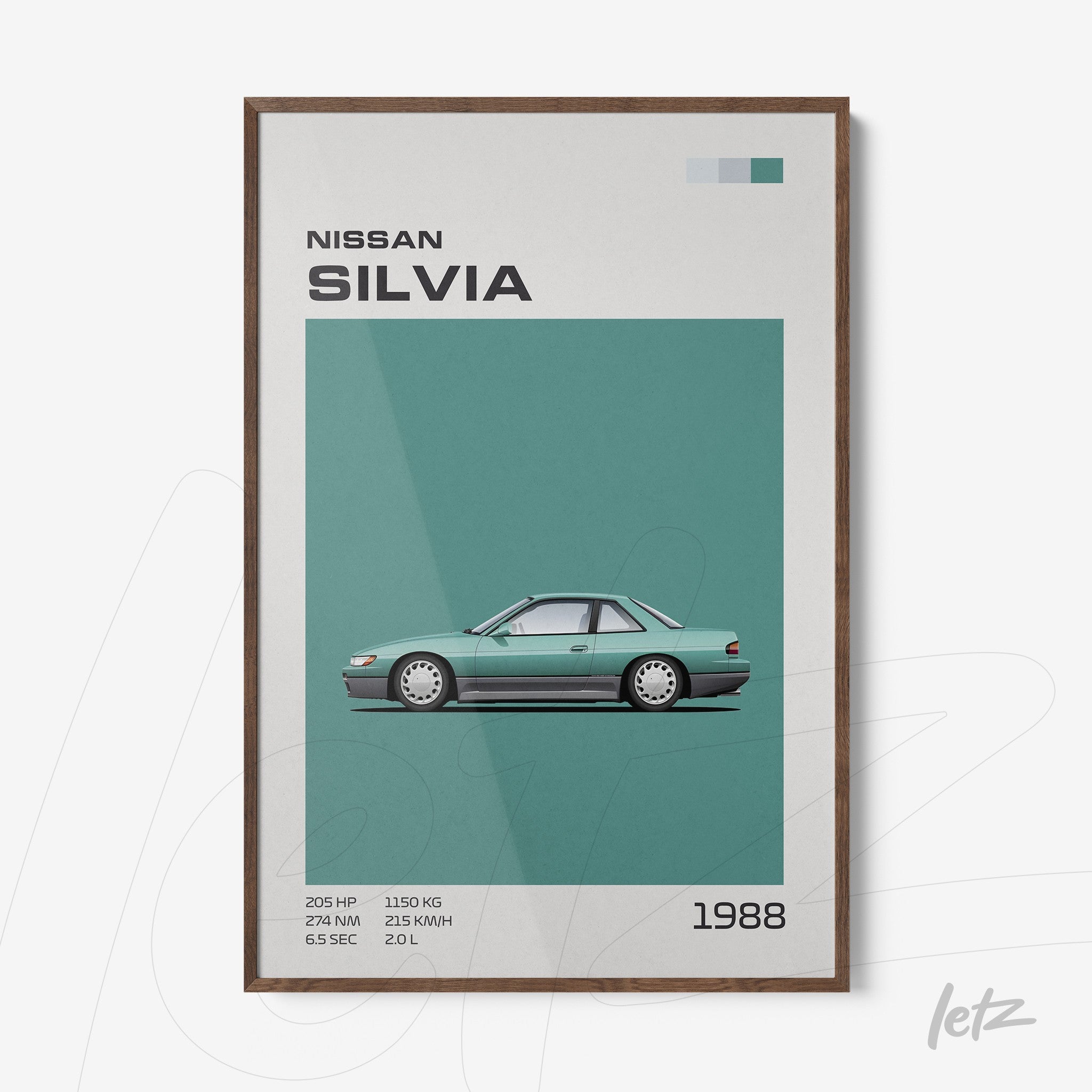 framed minimalist art of the 1988 Nissan Silvia with dark wood frame