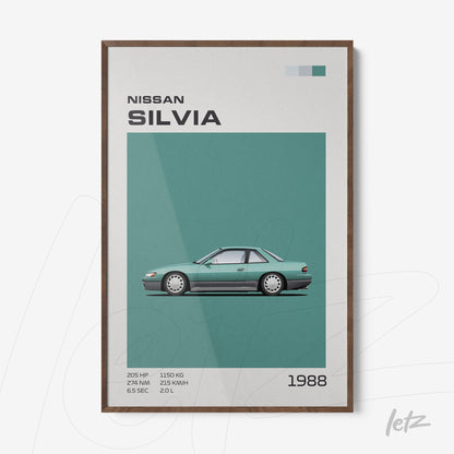 framed minimalist art of the 1988 Nissan Silvia with dark wood frame