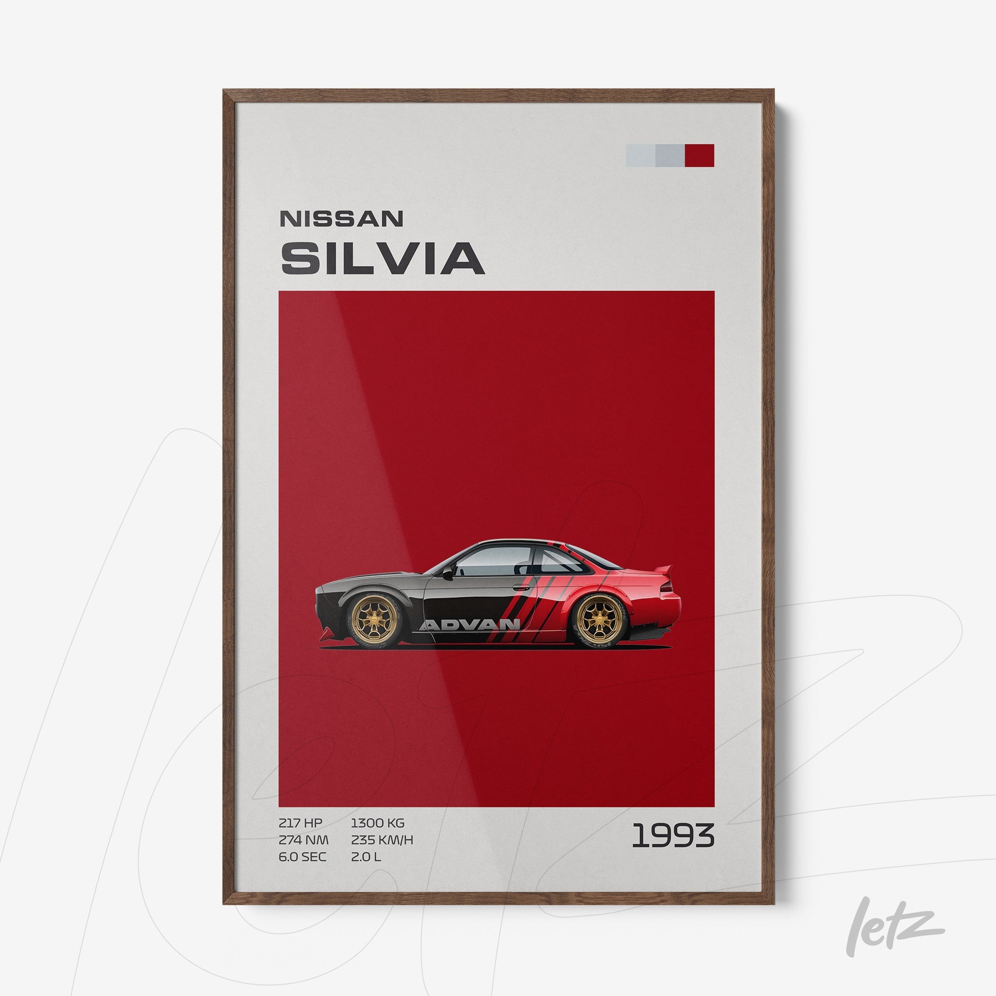 framed art featuring an illustration of Nissan Silvia car against a red background with dark wood frame