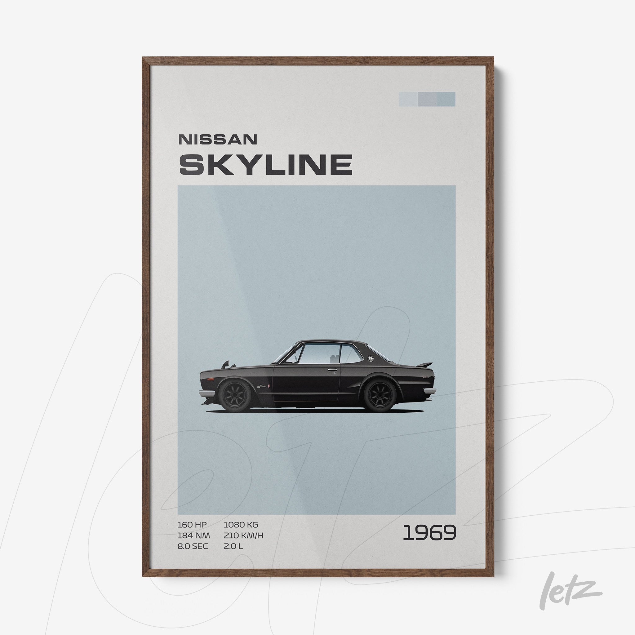 framed artwork of the 1969 Nissan Skyline in dark wood frame