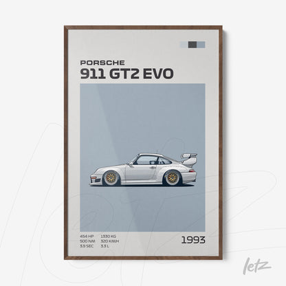 framed graphic art of a 1993 Porsche 911 GT2 EVO with dark wooden frame