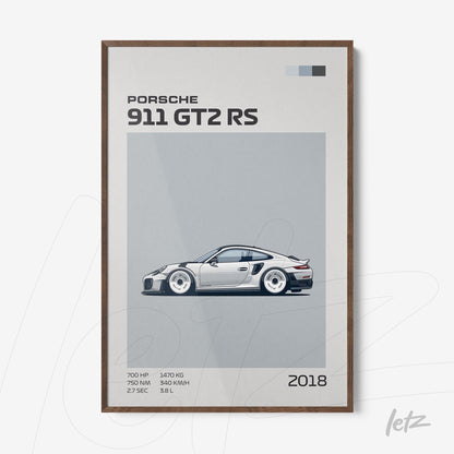 minimalist artwork of Porsche 911 GT2 RS car in dark wood frame