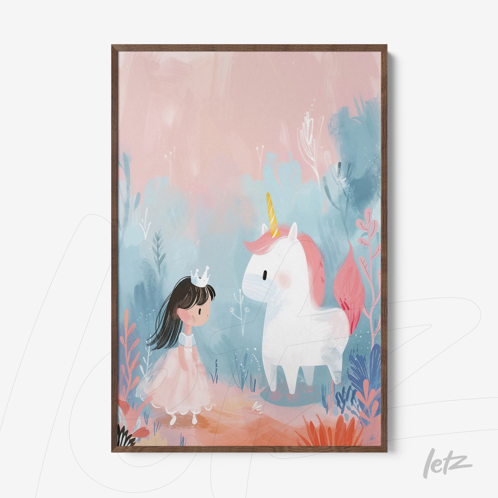 framed artwork featuring a child in a pink dress standing next to a unicorn against a pastel background