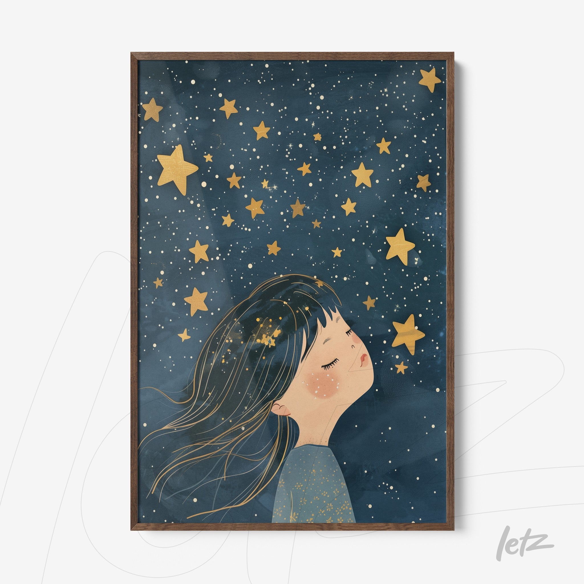 framed artwork featuring a girl with flowing hair under a starry night sky with golden stars