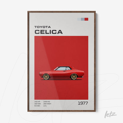 framed digital artwork of a 1977 Toyota Celica with dark wood frame