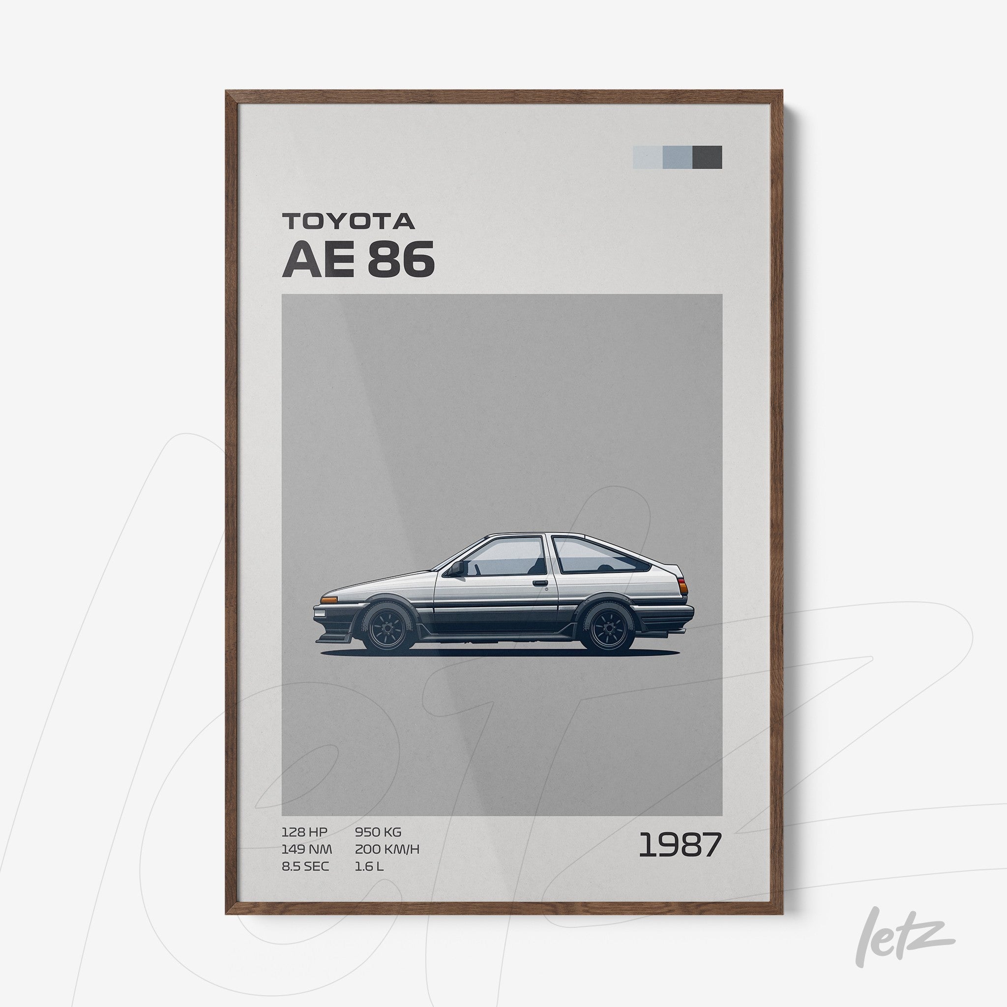 minimalist framed wall art featuring the Toyota AE 86 in dark wood frame