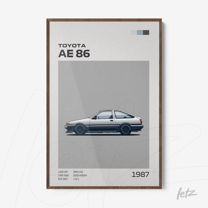 minimalist framed wall art featuring the Toyota AE 86 in dark wood frame
