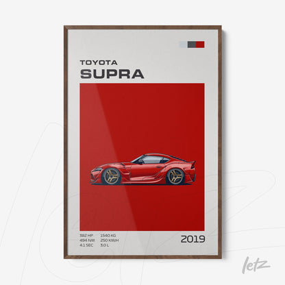 framed artwork of the 2019 Toyota Supra sports car on a vibrant red background with dark wooden frame