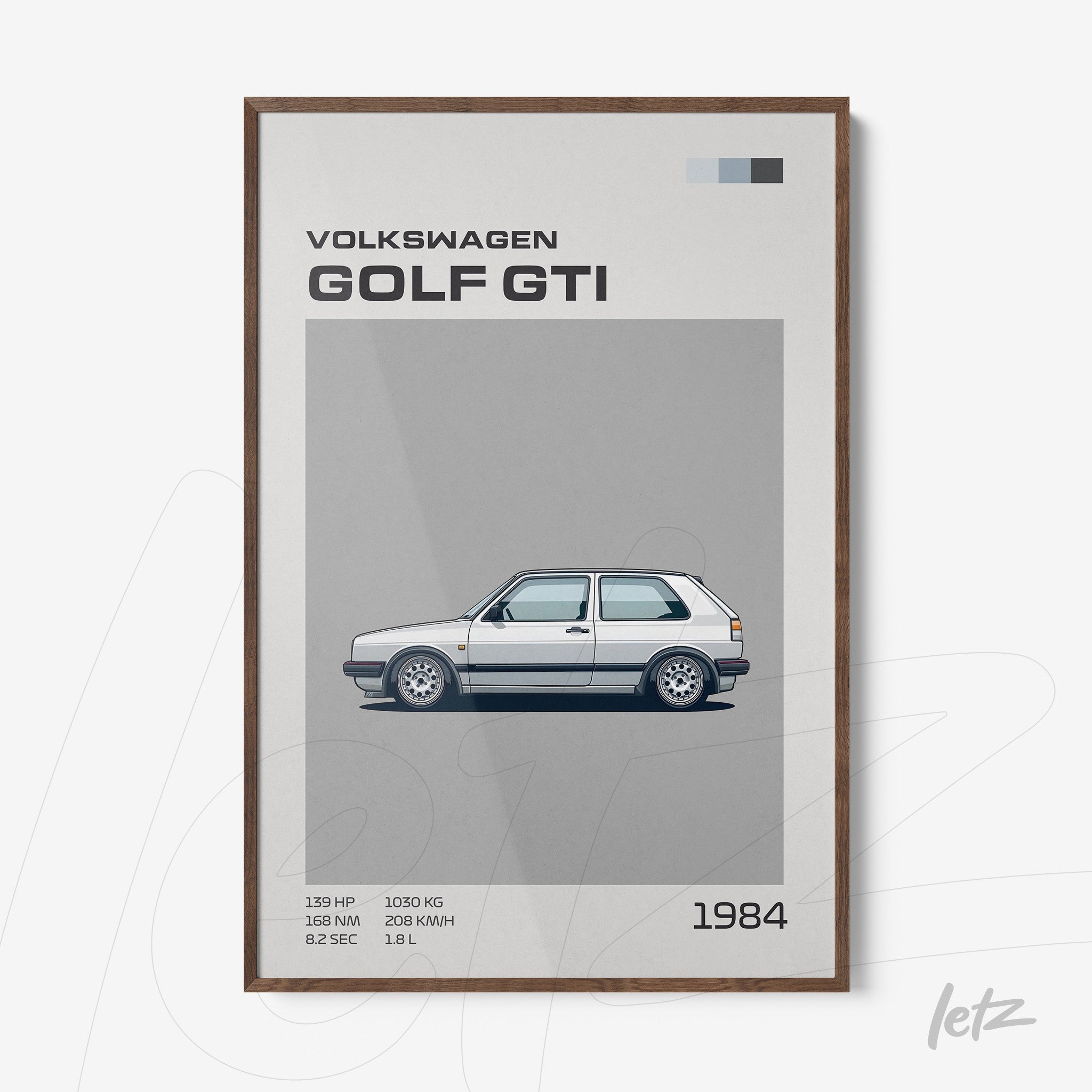 framed artwork featuring a 1984 Volkswagen Golf GTI illustration with dark wood frame