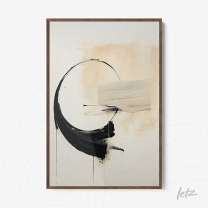 abstract wall art with black and cream strokes in dark wood frame