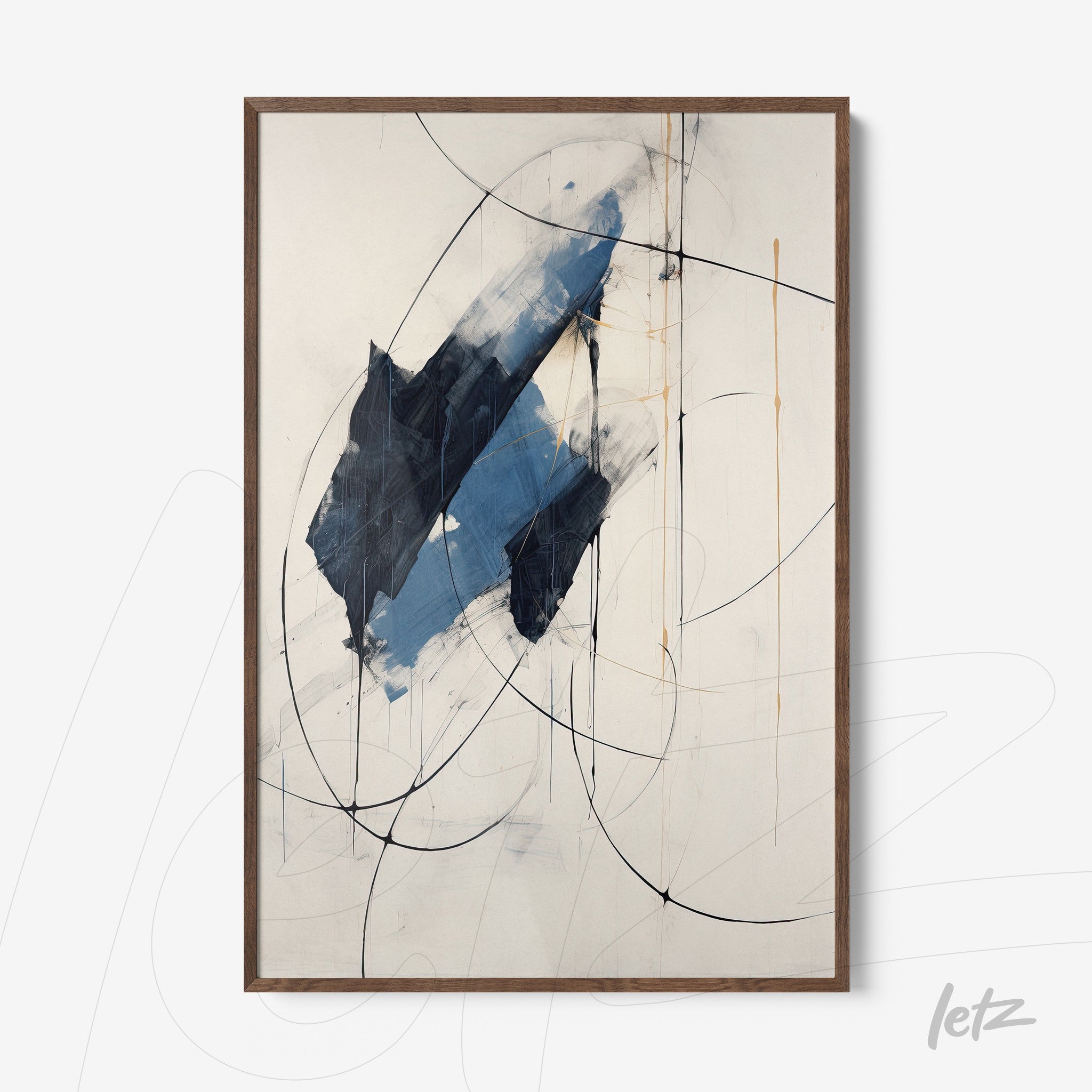 abstract wall art featuring geometric shapes in blue and black with light wood frame