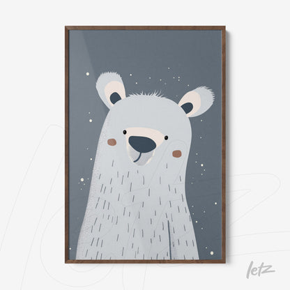 stylized polar bear art with blue background and wooden frame