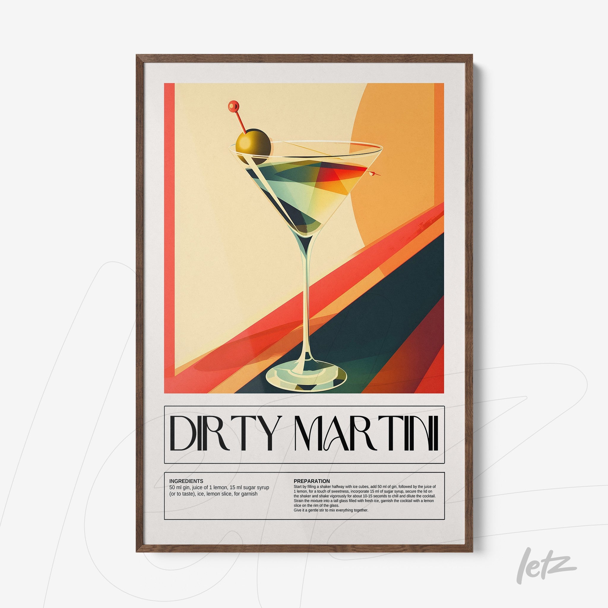 framed wall art featuring a colorful illustration of a dirty martini with dark wooden frame