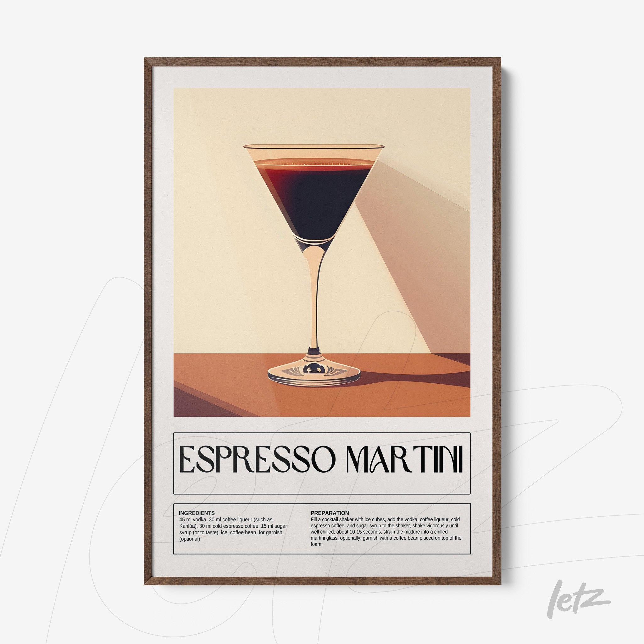 retro style wall art of espresso martini in a dark wooden frame
