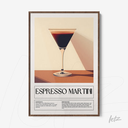 retro style wall art of espresso martini in a dark wooden frame