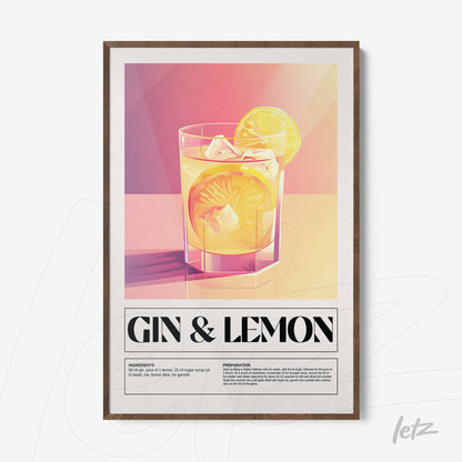 framed graphic art of gin and lemon cocktail with light wood frame, background featuring a pink and yellow gradient