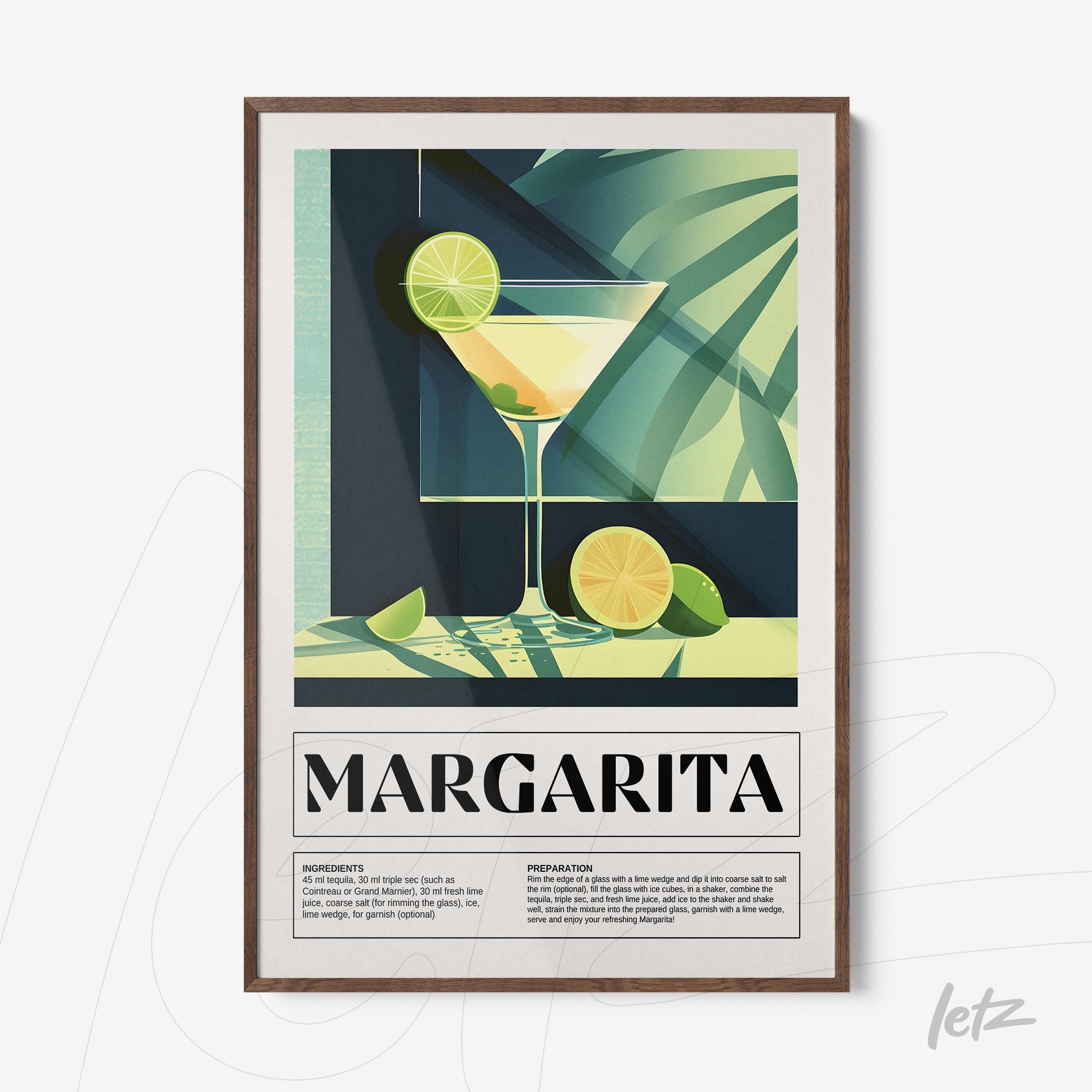 framed wall art featuring a graphic illustration of a margarita cocktail in a glass, highlighting limes and light patterns in a geometric background