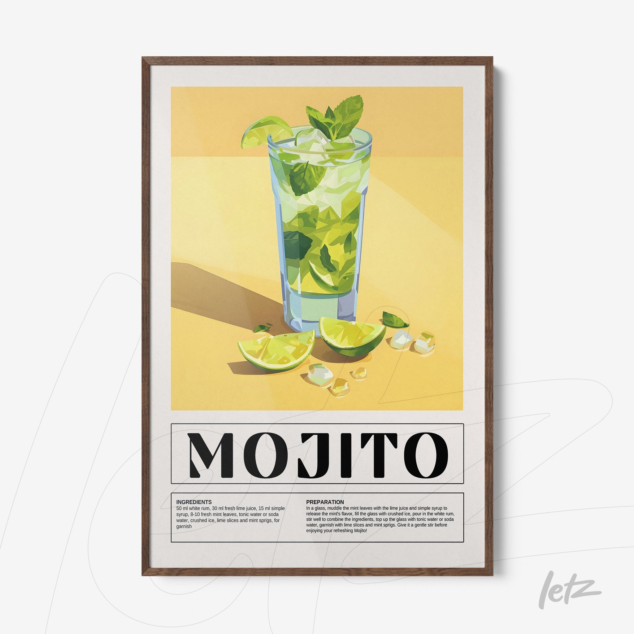 framed digital art of mojito cocktail with dark wood frame and light yellow background