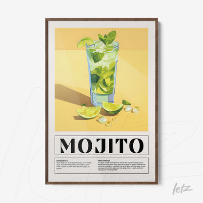 framed digital art of mojito cocktail with dark wood frame and light yellow background
