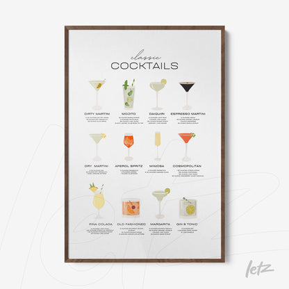 framed wall art featuring illustrations of classic cocktails with dark wood frame
