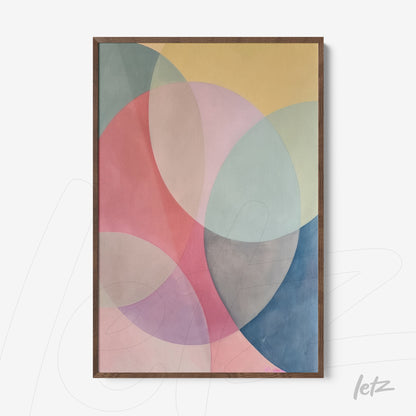 framed artwork featuring abstract organic shapes in soft colors with a dark wood frame