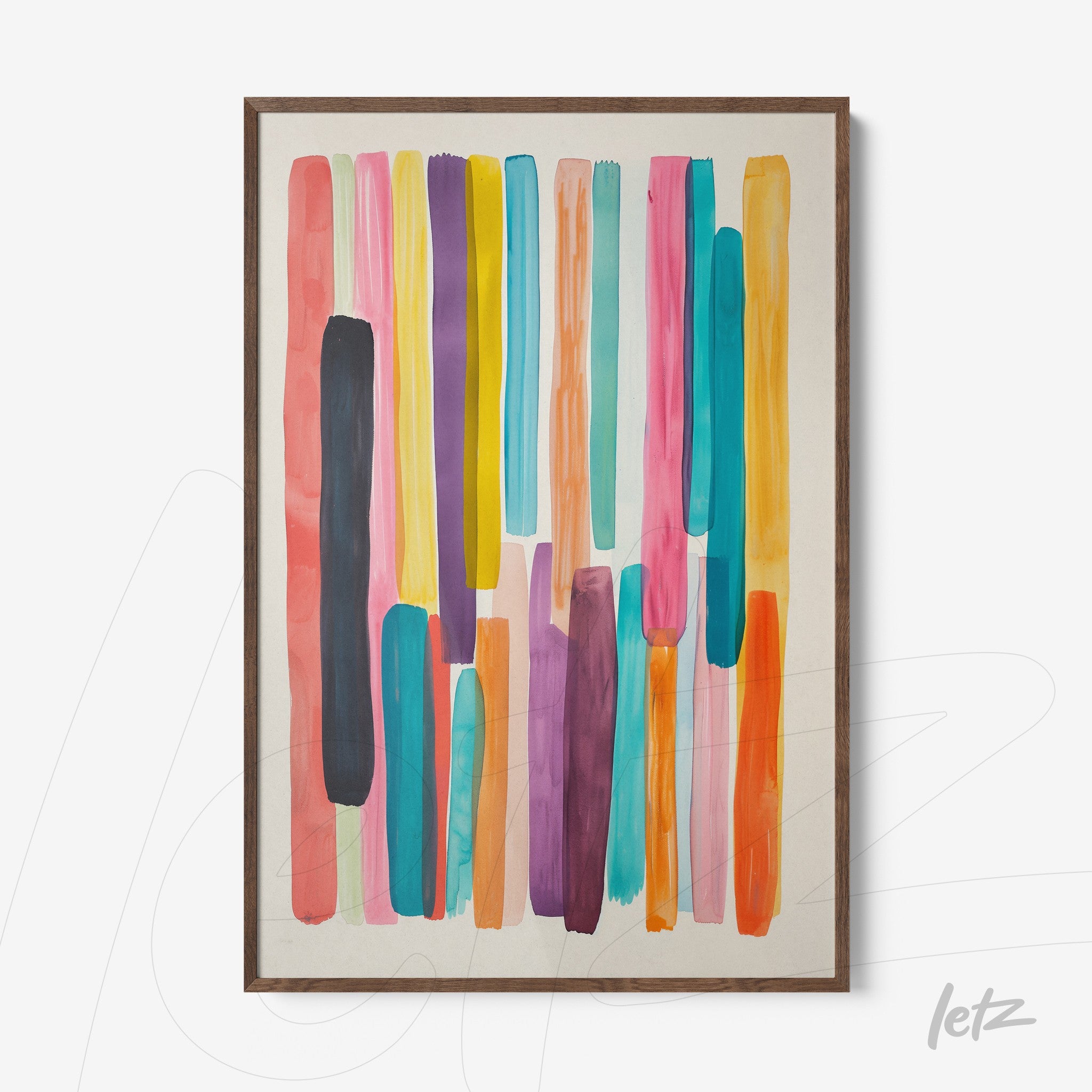 framed wall art featuring a light background with vibrant vertical lines in colors like pink, blue, and yellow