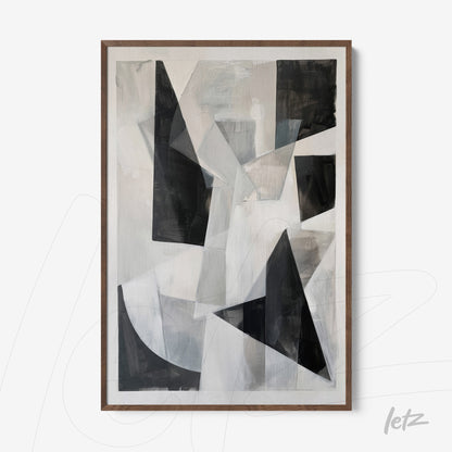 abstract painting in black and white featuring geometric shapes in a dynamic arrangement, framed with a dark wood frame