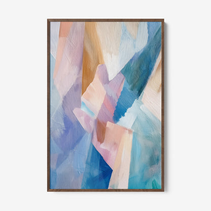 framed wall art featuring abstract painting in pastel colors with light wooden frame