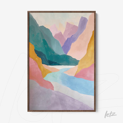 framed abstract artwork depicting mountainous landscape in soft pastel colors
